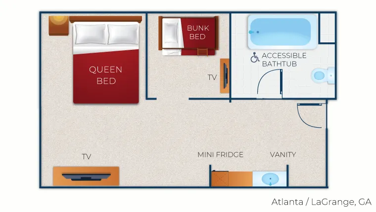 The floor plan for the Wolf Den Suite(Accessible Bathtub)